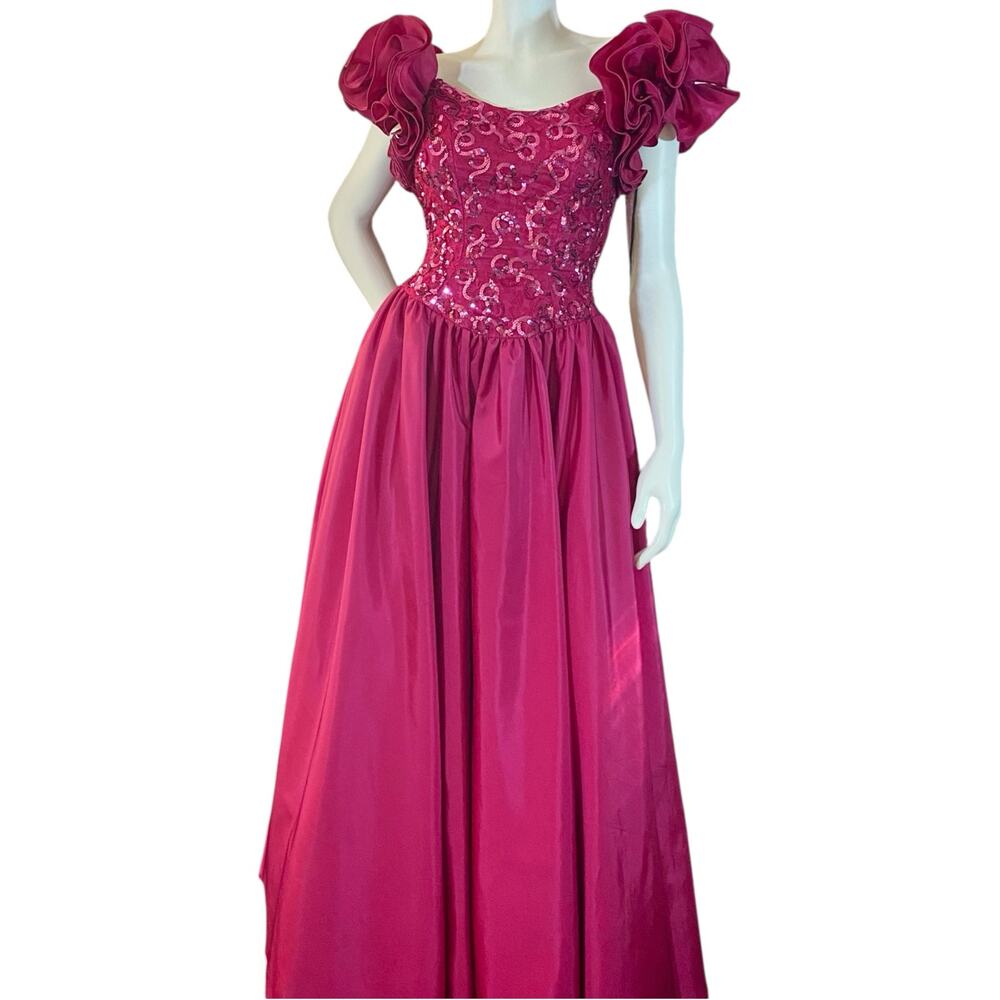 1980s Mike Benet Formals Fuchsia Pink Sequin Ruffle Sleeve Gown